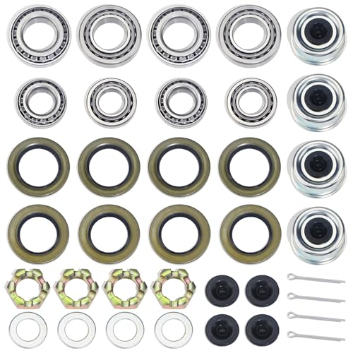4Sets 25580 15123 Trailer Hub Bearing Kit for 5200-6000lb D42 Axle | with 21333TB/10-10 22333TB/10-36 Grease Seals, 2.44'' Dust Caps, Cotter Pins, Castle Nuts & Washers, for #42 Tapered Spindle - size: 4Set 25580 15123 Bearing Kit