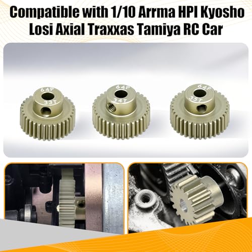 64P Pinion Gear 3.175mm Shaft 7075 Aluminum Alloy Motor Gears,0.6 Metric Pitch 33 34 35T with 1/8 Hole Pinion Gear Compatible with 1/10 Arrma HPI Kyosho Losi Axial Traxxas Tamiya RC Car - size: 33 34 35T