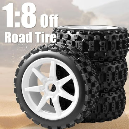 1/8 Scale RC Off-Road Buggy Tires & Wheels with 17mm Hex Foam Inserts Included, Compatible with ARRMA Typhon, LOSI, KYOSHO & More (Set of 4) - color: White