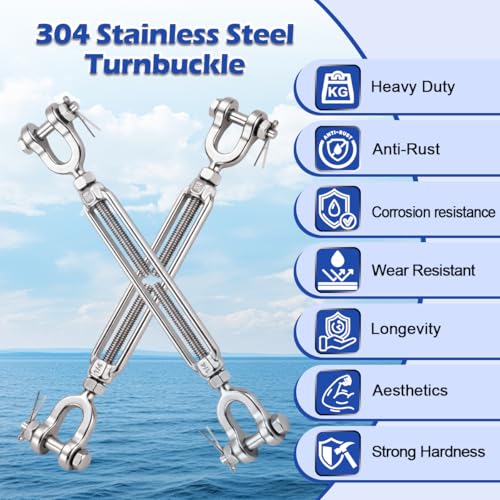 5/16 Turnbuckle Heavy Duty 304 Stainless Steel Turnbuckle Tensioner, 2100 lbs Working Load Limit, Jaw and Jaw Turnbuckles for Cables Wire Shade Sail Deck Ground Anchor (4PCS) - size: 5/16"(M8)-4PCS