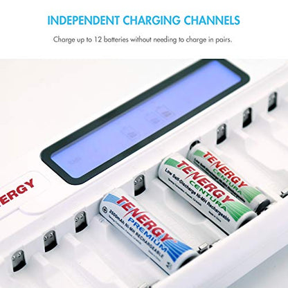 Tenergy TN160 12-Bay LCD NiMH/NiCD AAA/AA Battery Charger + 12 AA Premium NiMH Rechargeable Batteries - size: Charger + 12 Pack Premium AA