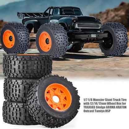 3.8" MT Monster Truck Tires with Foam Insert - 17mm/14mm/12mm Hex Adapters Included, Compatible with TRAXXAS Sledge, ARRMA KRATON, Outcast, Tamiya, HSP (Set of 4), Replacement Part of AR510092 - color: Orange Rim, size: 8