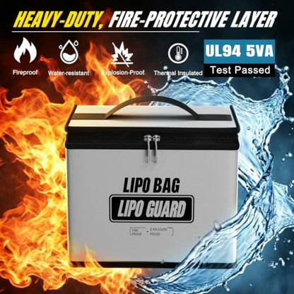 Fireproof Explosionproof Lipo Battery Bag with Shoulder Strap | 5200°F Heat Resistant,Large Capacity,Safe Charging&Battery Storage,RC Drone LiPo Battery Protection, Silver, 9.8x5.5x8.8in