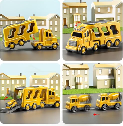JUKUDAHU Construction Trucks for Kids 3-5 Years Old - Transport Vehicle | 1 Carrier Trucks for Kids with 4 Car Toy, Kids Excavator Crane, Sound and Light, 3+ Year Old Boy Gifts Birthday Toy - style: 5 IN 1 Construction Truck