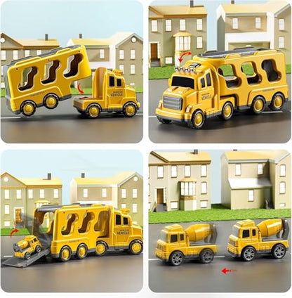 JUKUDAHU Construction Trucks for Kids 3-5 Years Old - Transport Vehicle | 1 Carrier Trucks for Kids with 4 Car Toy, Kids Excavator Crane, Sound and Light, 3+ Year Old Boy Gifts Birthday Toy - style: 5 IN 1 Construction Truck