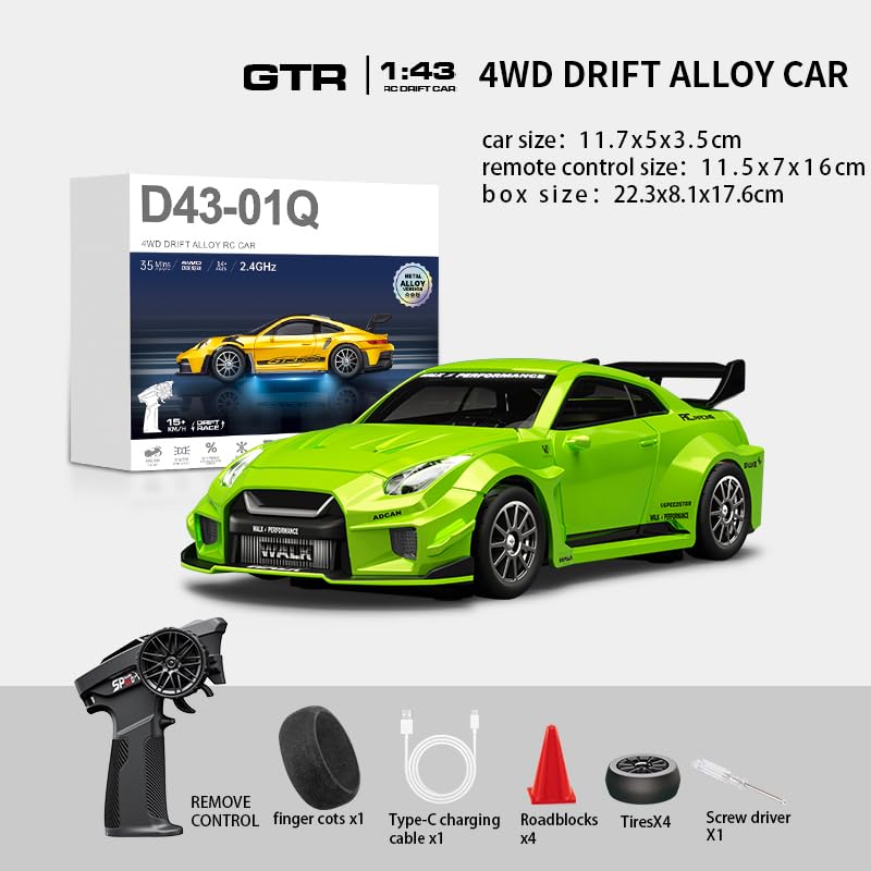1:43 RC Drift Car 20KM/H with Gyro, 2.4G 4WD Full Proportional Alloy Sport Racing Car, Adjustable Speed, LED Lighting for Teens & Adults-D43-02 - color: Q3/Apple Green