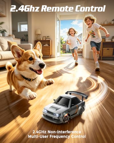 RC Drift Car, 1/24 Remote Control Drift Car for Adults Kids, 4WD 20KM/H High Speed RC Sports Cars with LED Lights, Extra Racing Tires, Vehicle for Boys Beginners Indoor Outdoor, Silver Grey