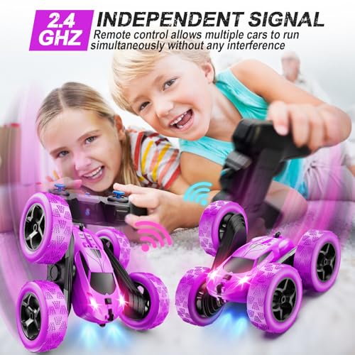 QUNREDA RC Cars, Purple Remote Control Car for Girls, 2.4 GHZ Double Sided RC Stunt Car 360° Rotating Remote Control Crawler with Headlights Car Toys for 6 7 8 9 10 11 12 Girls Birthday Gift - color: Purple