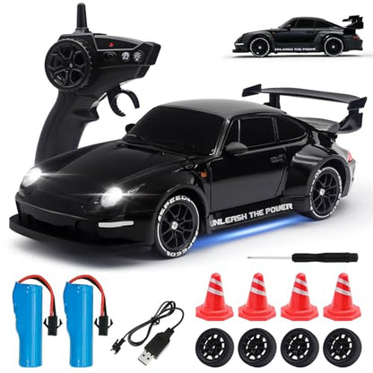 RC Drift Car,1:24 Scale Remote Control Car, 2.4GHz 20KM/H 4WD High Speed RC Cars for Kids with LED Light, Two Batteries,Drifting Tires,Racing Vehicle Toy for Adults Boys Girls Black - color: Black