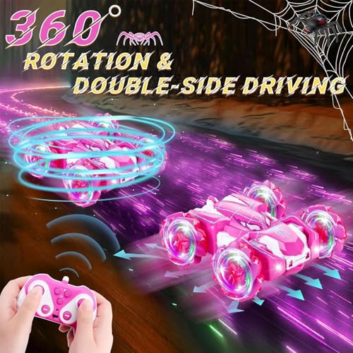 Spider Remote Control Car, Double Sided 360°Rotating USB Direct Charging RC Cars with Cool Lights, 2.4Ghz Drift RC Stunt Car, 360°Rotating 4WD Off-Road Race Toys for 4-12 Boy Girl Kids Gifts(Pink) - color: Pink