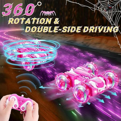 Spider Remote Control Car, Double Sided 360°Rotating USB Direct Charging RC Cars with Cool Lights, 2.4Ghz Drift RC Stunt Car, 360°Rotating 4WD Off-Road Race Toys for 4-12 Boy Girl Kids Gifts(Pink) - color: Pink