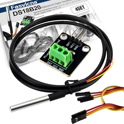 4 Pack DS18B20 Waterproof Temperature Sensor Probe, Stainless Steel Digital Sensor with Adapter Cable, Compatible with Arduino, Raspberry Pi, ESP32