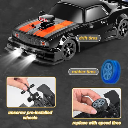 Fistone RC Drift Car 2.4GHz 1:16 Scale 4WD 18KM/H High Speed Remote Control Car with LED Lights, 2 Batteries and Rubber Tire, Racing Sport Toy Vehicle for Adults, Boys, Girls, and Kids