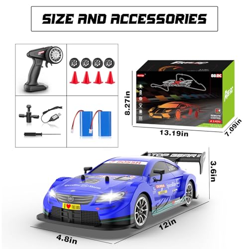 1/16 RC Drift Car, 2.4GHz 4WD Remote Control Drift Car, 30+KM/H High Speed Drift RC Cars with LED Lights 2 Batteries and Drift Tires Race Cars for Adults Boys Kids, Blue - color: Blue