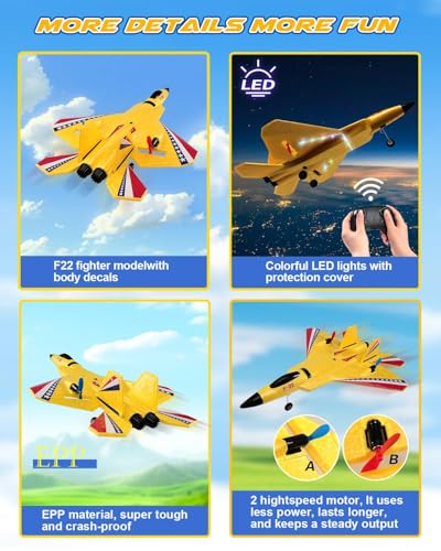 ANTSIR F22 RC Plane Jet Easy to Fly Foam RC Glider for Kids, Yellow | 2CH, RTF, 2.4GHz, Smart Gyro Stabilizer, LED Lights, 2 Rechargeable Batteries, Toy Gift for Boys Girls Beginners 8-16 - color: Yellow F22-2 Batteries