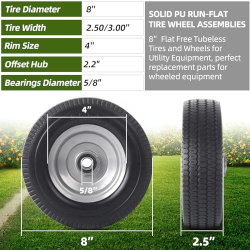 AR-PRO (2-Pack) 8-Inch Solid Wheel Replacement - 2.50-4" Flat Free Tire and Wheel with 5/8 extra 3/4 Bearings and 2.2" Offset Hub - Compatible with Hand Truck, Generator, Gorilla Carts - size: 8‘’