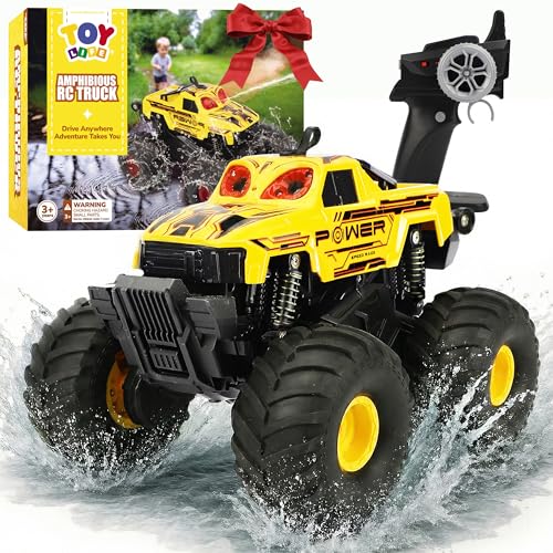 TOY Life Amphibious RC Monster Truck, Mist Spray and Lights, Yellow | 2.4 GHz control, 4WD traction, music, 360-degree spins, rechargeable battery, land and puddle play - color: Yellow