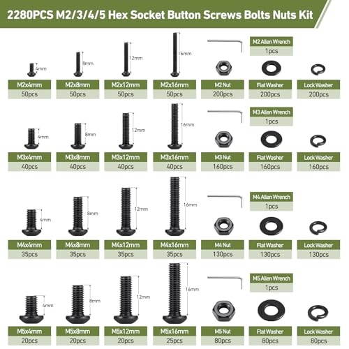 2280PCS M2 M3 M4 M5 Bolt Assortment Kit, Button Head Hex Socket Cap Screws Nuts Bolts Washer Assortment Kit 10.9 Grade Alloy Steel Black Oxide - size: M2/3/4/5 2280PCS Button Black
