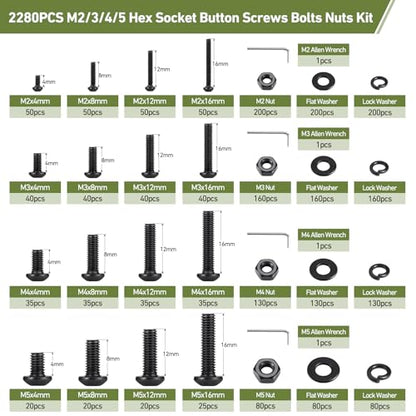 2280PCS M2 M3 M4 M5 Bolt Assortment Kit, Button Head Hex Socket Cap Screws Nuts Bolts Washer Assortment Kit 10.9 Grade Alloy Steel Black Oxide - size: M2/3/4/5 2280PCS Button Black