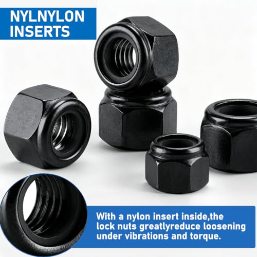 191 Pack Lock Nuts, Black 304 (A2-70) Nylon Insert Locknuts | M3 M4 M5 M6 M8 M10 M12 Lock Nuts, Stainless Steel Standard Inch Thread Nylock Nuts - color: Black, size: Metric