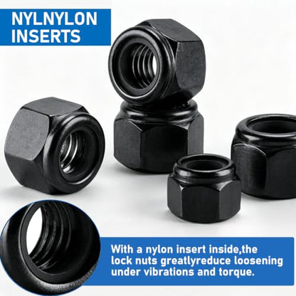 135 Pack Black 304 A2-70 Nylon Insert Lock Nuts, SAE & Metric | M3 M4 M5 M6 M8 M10 M12 #6-32 #8-32 #10-24 1/4-20 5/16-18 3/8-16 1/2-13, Anti-Loose for Industrial & Home Fastening - color: Black, size: Metric&SAE