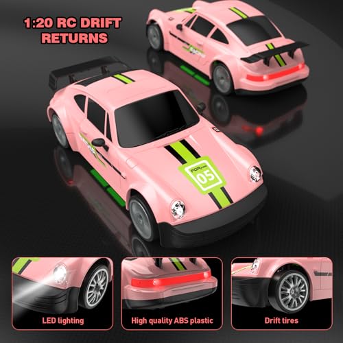 Remote Control Car 1:20 RC Drift Car 2.4GHz 4WD 20KM/H | RC Cars Vehicle with LED Lights Drifting Tire 2Pcs Rechargeable Batteries Toy Cars for Adults Boys Girls (pink) - color: Pink