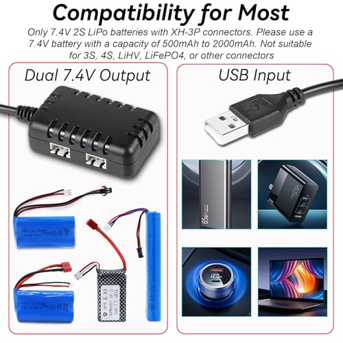 7.4V Lipo Battery Charger - RC Car Balance Chargers USB Cable 2-in-1 with XH-3P Plug 1A for 2S Batteries RC Cars Drone Boat Airplane Truck Quadcopter Airsoft SCX24 SCX10