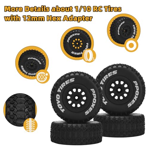 1/10 RC Short Course Tires 12mm Hex RC Wheels and Tires RC Truck Tires for RC Off-Road Car RC Car Wheels for Traxxas TRX4 Slash Arrma Losi Tenacity Vkar 10sc Hpi RC Buggy Car 4PCS (Style C) - Black