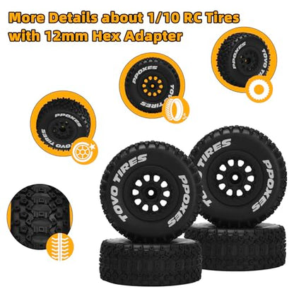 1/10 RC Short Course Tires 12mm Hex RC Wheels and Tires RC Truck Tires for RC Off-Road Car RC Car Wheels for Traxxas TRX4 Slash Arrma Losi Tenacity Vkar 10sc Hpi RC Buggy Car 4PCS (Style C) - Black