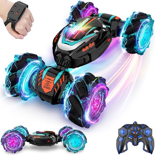 Gesture Sensing RC Stunt Car, Hand Controlled Remote Control Twist Cars | 4WD Remote Control Car with Lights, Music & Spinning Stunt, Birthday Toy Gift for Kids Boys Girls Age 6 7 8 9 10 11 12 - color: Black Blue