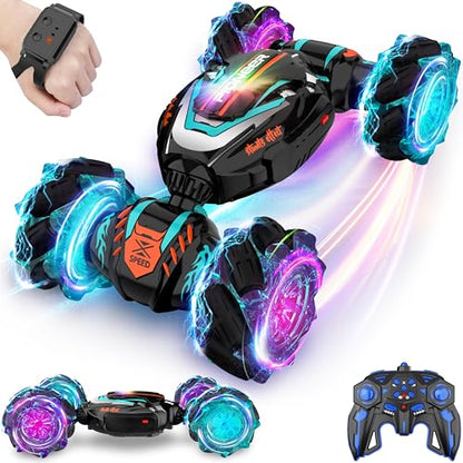 Gesture Sensing RC Stunt Car, Hand Controlled Remote Control Twist Cars | 4WD Remote Control Car with Lights, Music & Spinning Stunt, Birthday Toy Gift for Kids Boys Girls Age 6 7 8 9 10 11 12 - color: Black Blue