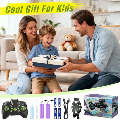 Gesture Sensing Remote Control Car, RC Cars Toys for Boys Age 6-12, 4WD Hand Controlled Twist & Transform 360° Spins Stunt Car with Mist, Light & Music, 8-10 Year Old Boys Birthday Gift Green - color: Green