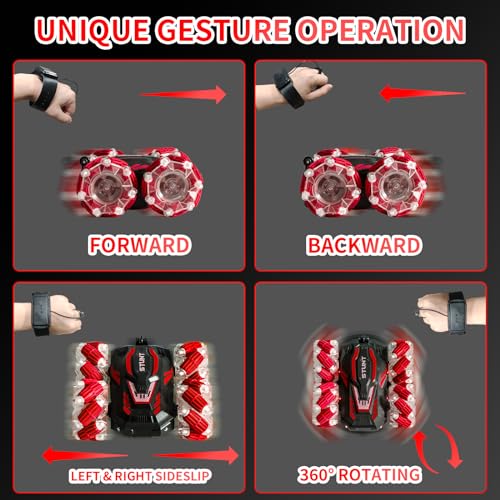 Gesture Sensing RC Stunt Car,360°Flip Double-Sided RC car Toys | 4WD stunt car supports 360° rotating & double-sided driving. Cool lighting and music, RC car toys gift for boys aged 6-12 - color: Light Red