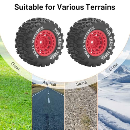 1/16 RC Car Tires and Wheels, daitoku 12mm Hex RC Truck Tires for MiniX Mini XRT 1/16 MJX 16207 16210 16209 16208 HSP 94186 Traxxas E-Revo LOSI 1/18 Mini LMT - Style B (Red) - color: Red