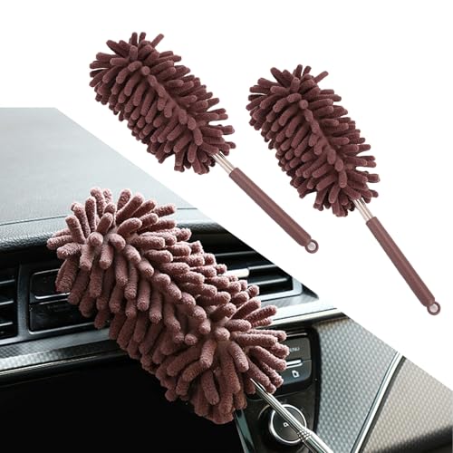2PCS Car Interior Duster with Extension Pole, Microfiber Retractable Dusters Auto Dash Cleaning Tool, Soft Chenille Hand Washable Dusters for Vehicle Window Office Furniture (Brown) - color: Brown
