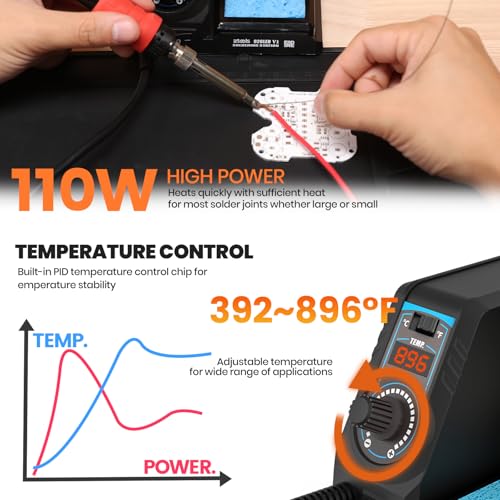 926LED V1 110W High-Power Soldering Station Iron Kit in Black with Temperature Control includes Lead-Free Solder, 6 Soldering Tips, ESD-Safe Tweezers, Solder Wire Dispenser, Tip Cleaner - color: Black