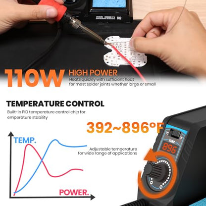 926LED V1 110W High-Power Soldering Station Iron Kit in Black with Temperature Control includes Lead-Free Solder, 6 Soldering Tips, ESD-Safe Tweezers, Solder Wire Dispenser, Tip Cleaner - color: Black