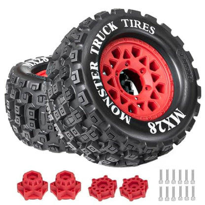 MX28 2.8" Tires and Wheels with 12mm/14mm Hex Upgrade Parts for 1/10 ARRMA Big Rock, Granite, VORTEKS 3S and Stampede, Rustler, Hoss RC Trucks 4pcs/Set(Red)