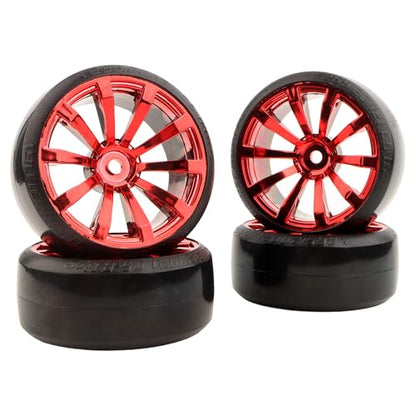 4 Pieces OD 2.45" Hard Plastic Drift RC Tire 12mm Hex On Road Touring Racing Bald Wheels Compatible with 1/10 Scale HSP Tamiya Kyosho Traxxas Sakura WLtoys RC Trucks (Red) - color: Red