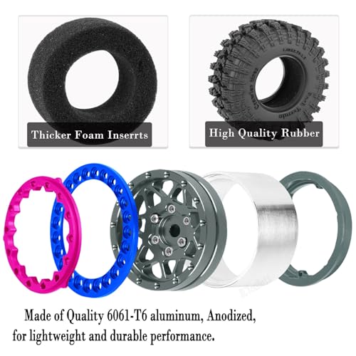 RC 1.3" Beadlock Wheel Tires Set/RC Wheels and Rim for 1/18 1/24 Trx4m SCX24 FCX24 RC Crawler Car,Aluminum 1.3 Wheel Rim Soft Rubber Tires w/Wheels Ring,Titanium - color: Titanium- (Wheel Tires)