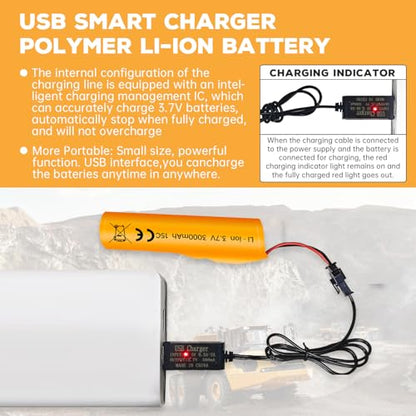 3PCS 3.7V 3000mAh SM-2P Plug Li ion Battery and USB Charging Cable Suitable for DE42 DE44 DE45 DE68 RC Car, Drifting Car, Truck, Off-Road Racing Car