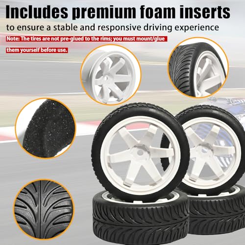 OD 2.55" On Road Rubber Tires Plastic Wheel Rims 12mm Hex for 1/10 RC Car | Compatible with MJX HSP Tamiya HPI Kyosho Traxxas Sakura Redcat WLtoys 1/10 RC On-Road Racing Touring Car (4pcs, White) - style: E-White