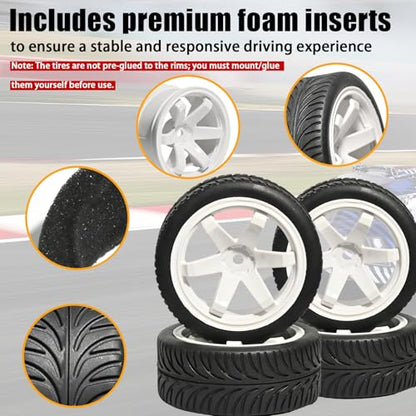 OD 2.55" On Road Rubber Tires Plastic Wheel Rims 12mm Hex for 1/10 RC Car | Compatible with MJX HSP Tamiya HPI Kyosho Traxxas Sakura Redcat WLtoys 1/10 RC On-Road Racing Touring Car (4pcs, White) - style: E-White