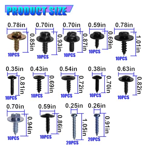 160PCS 14 Sizes Metal Car Screws, Automotive Phillips Round Head Self-Tapping Bumper Hood Retainer Clip Assortment, Universal Vehicle Body Fastener Kit for Liner Splash Shield (Black)