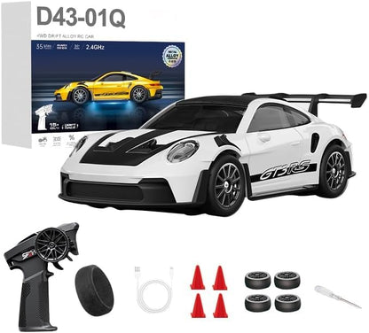 1:43 RC Drift Car 20KM/H with Gyro, 2.4G 4WD Full Proportional Alloy Sport Racing Car, Adjustable Speed, LED Lighting for Teens & Adults-D43-01 - color: Q3/White