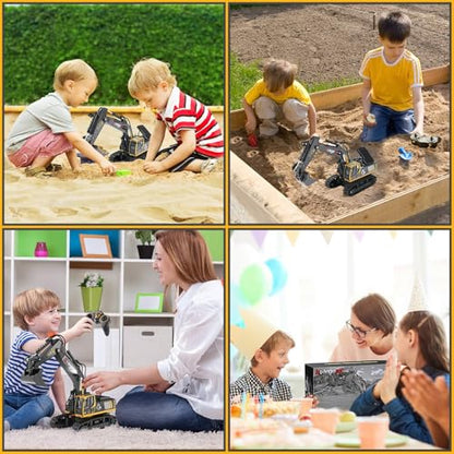 kolegend 1:18 Scale RC Excavator Toy with Metal Shovel, 11 Channels Remote Control Construction Truck, Real Digging on Dirt & Sand 2 Rechargeable Batteries Gift for Boys Girls Kids 6-12 Years Old - color: Black