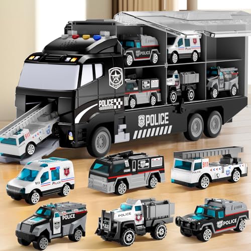 NIPLOOOW Toddler Boys Toys for 3 4 5 6 Years Old, Police Truck Vehicle Toy Set with Play Mat and Die-Cast Toy Car, Transport Carrier Truck for Kids, Birthday Gifts Toys for 3 4 5 6 7 8+ Year Old Boys - style: Police truck