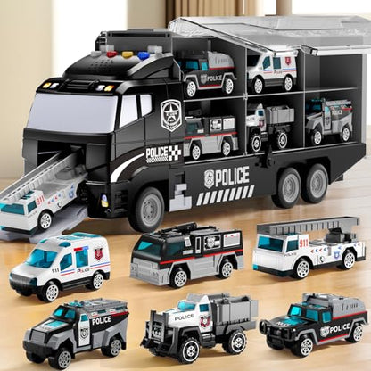 NIPLOOOW Toddler Boys Toys for 3 4 5 6 Years Old, Police Truck Vehicle Toy Set with Play Mat and Die-Cast Toy Car, Transport Carrier Truck for Kids, Birthday Gifts Toys for 3 4 5 6 7 8+ Year Old Boys - style: Police truck