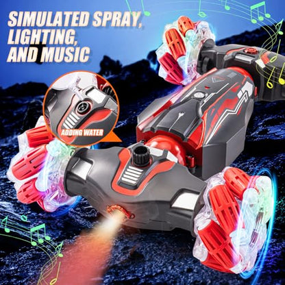 Gesture Sensor RC Stunt Car, RC Twist Car Toy for Kids 5-12 | Dual control: gesture watch + remote. 4WD all-terrain, 360° flip drift, light and music. Good birthday gift for the boy. - color: L-deep Red