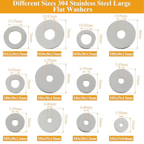 102 Pieces Stainless Steel Fender Washers, Flat Washers, Metal Washers for Screws Bolts, Fender Washers Assortment Kit, Assorted Washers Set (M3 M4 M5 M6 M8 M10 M12) - size: Fender Washers Kit